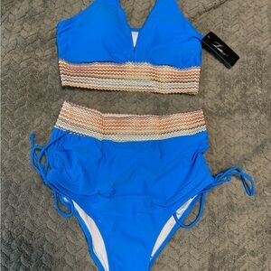 Blue Two-Piece Swimsuit with Multicolor Stripes